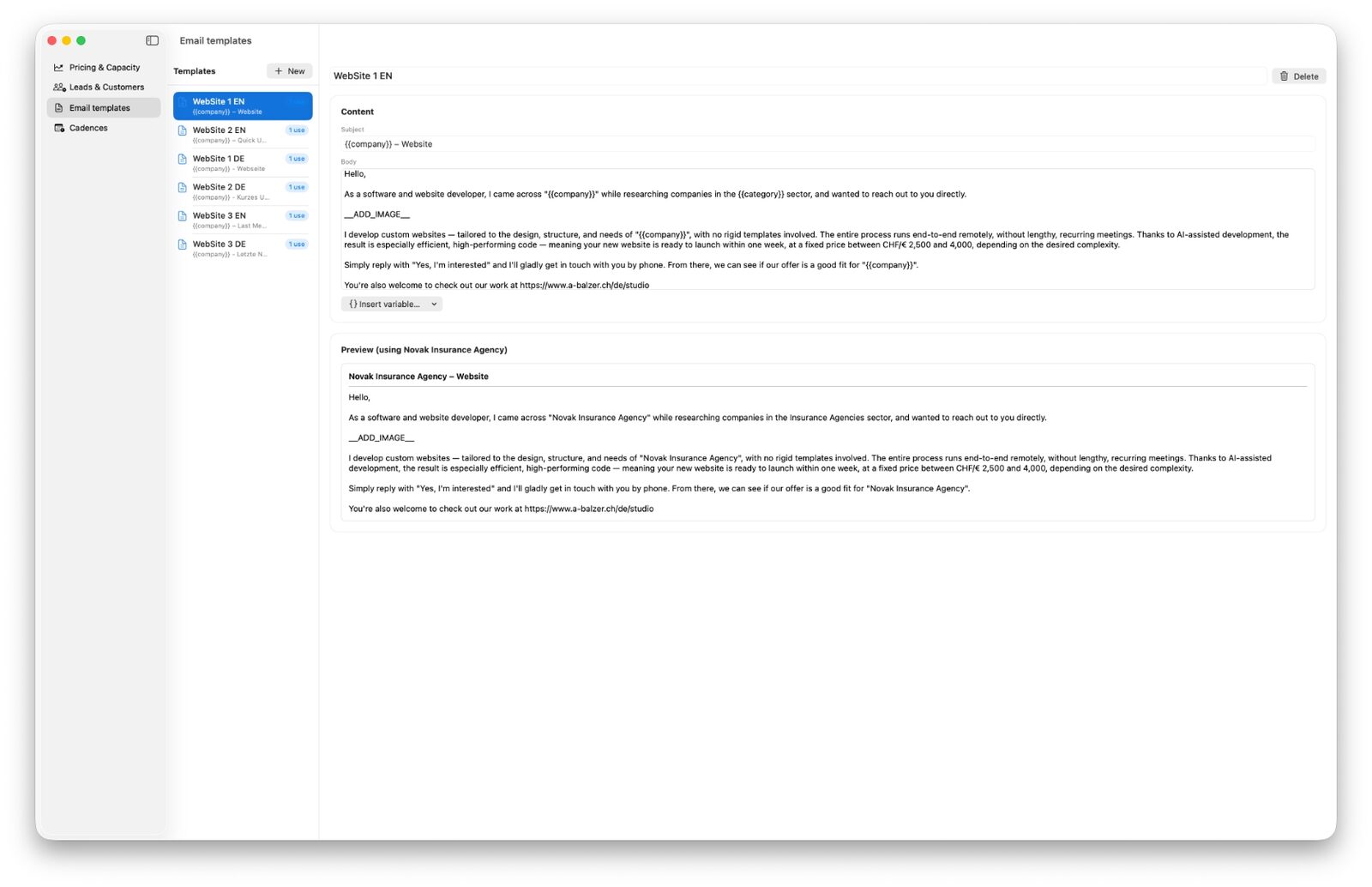 Email templates with live per-lead preview