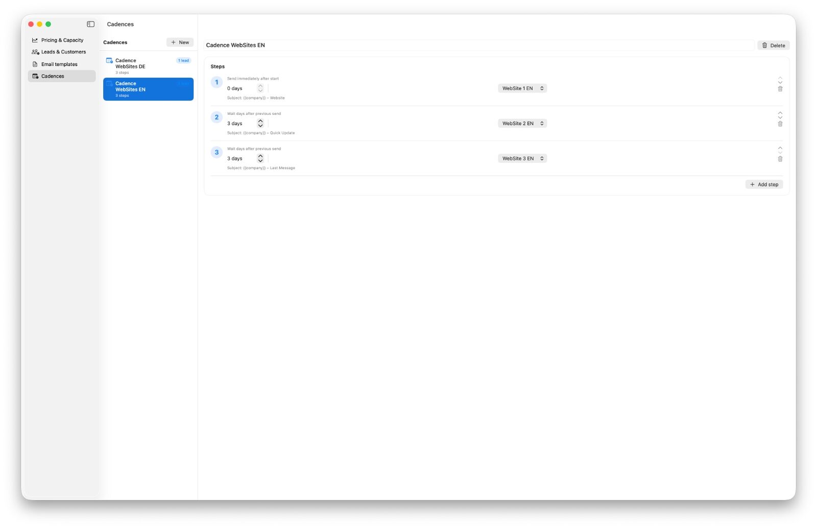 Cadence editor for multi-step outreach sequences